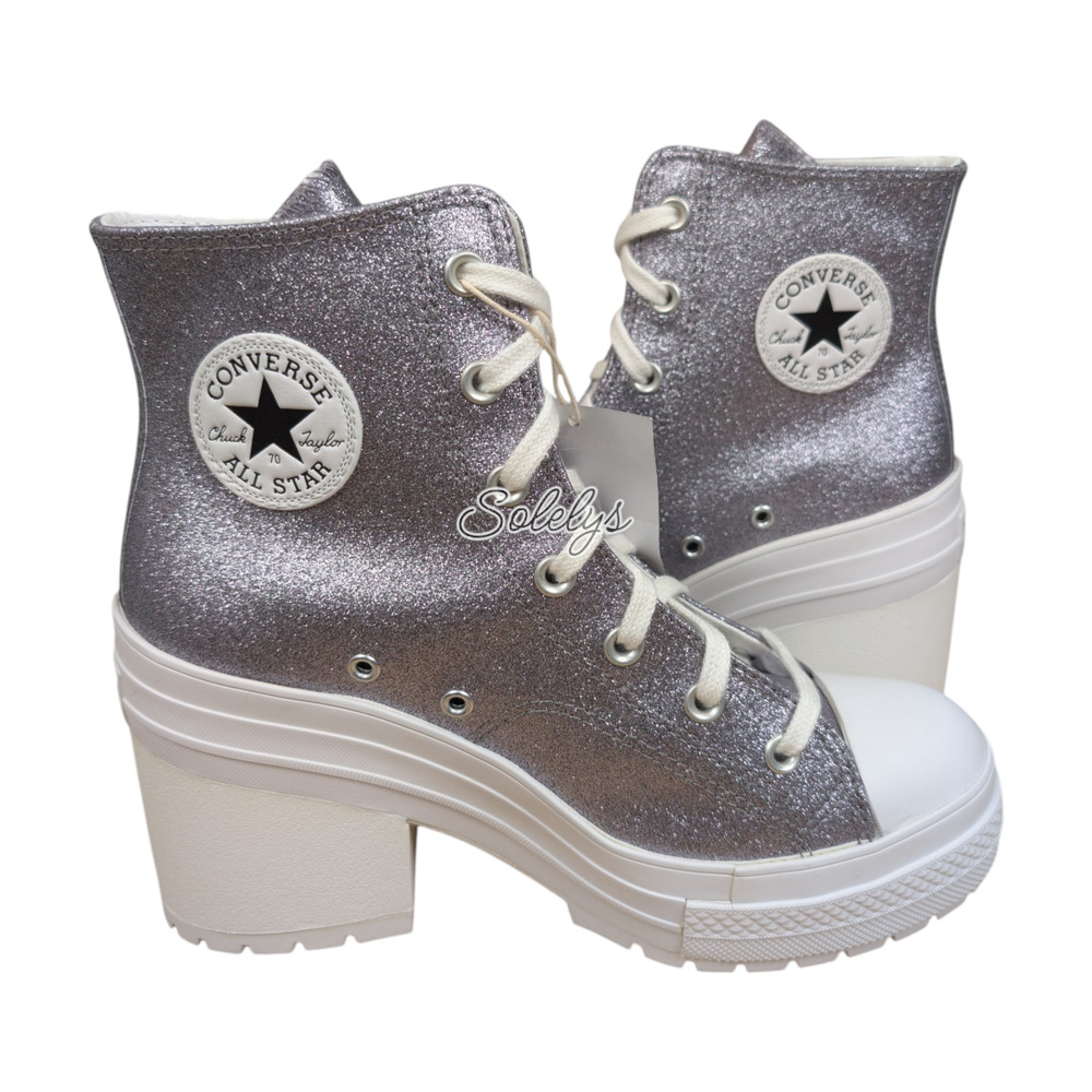 Converse Chuck 70 De Luxe Heel Platform Gunmetal Silver Glitter Sneaker Boot 9.5